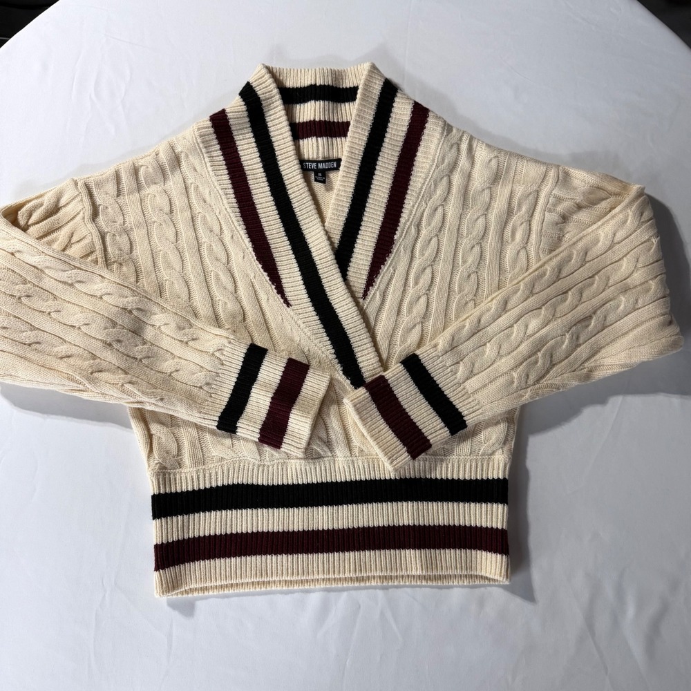 Steve Madden Cable Knit Varsity Sweater Small Cream Burgundy Academia Ivy League
